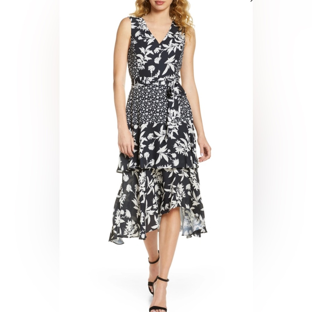 Sam Edelman - Black and White Floral V-Neck Sleeveless Midi Dress (12)